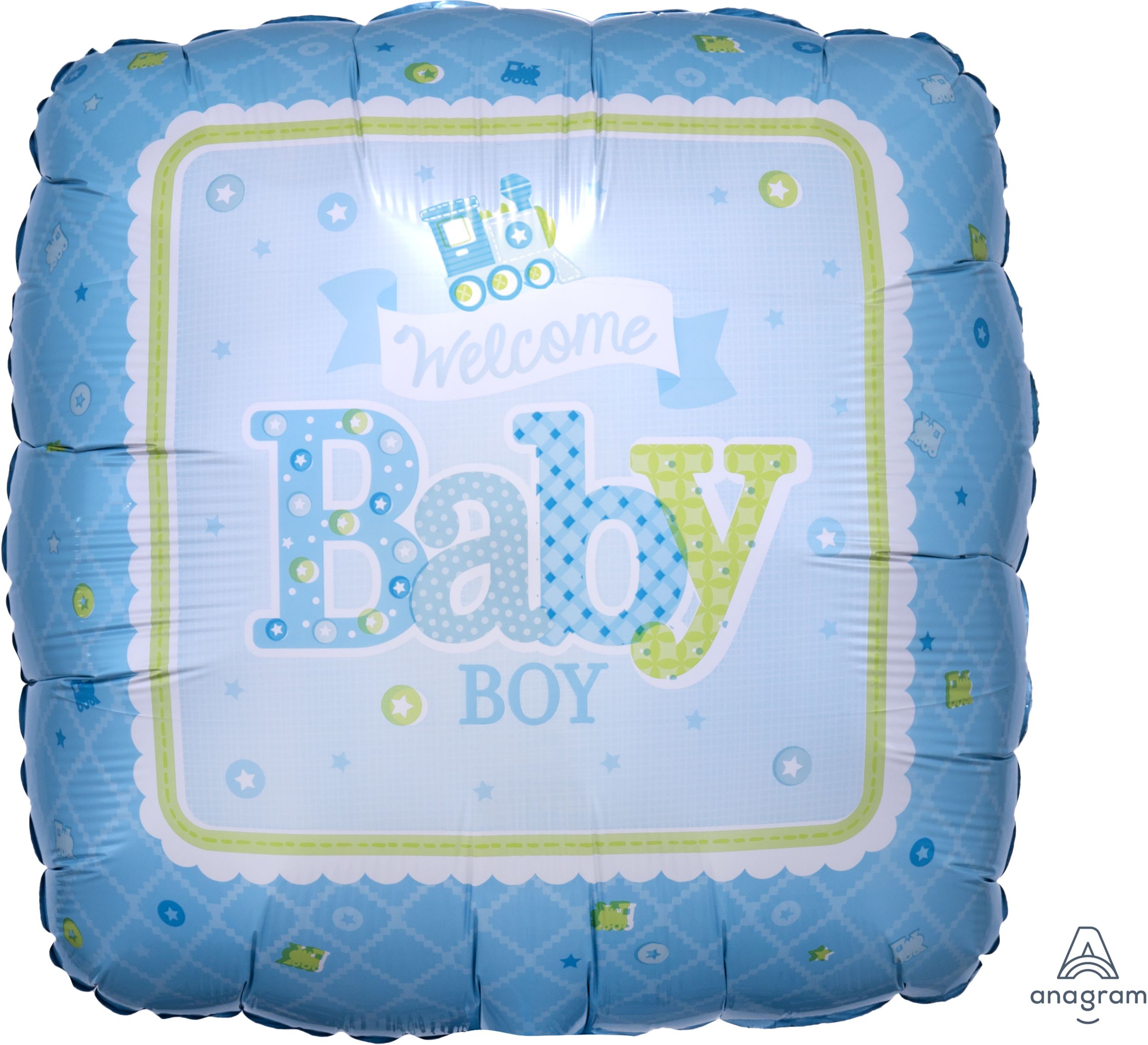 "Welcome Baby Boy" Round Satin Foil Balloon, Blue, 17-in, Helium Inflation & Ribbon Included for Baby Shower Front_Flat