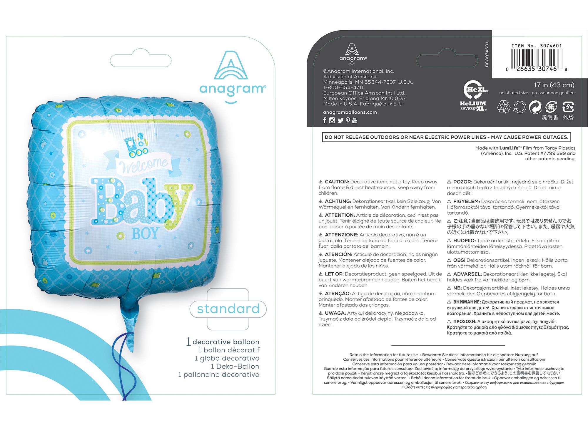 "Welcome Baby Boy" Round Satin Foil Balloon, Blue, 17-in, Helium Inflation & Ribbon Included for Baby Shower Composite_or_Mixed