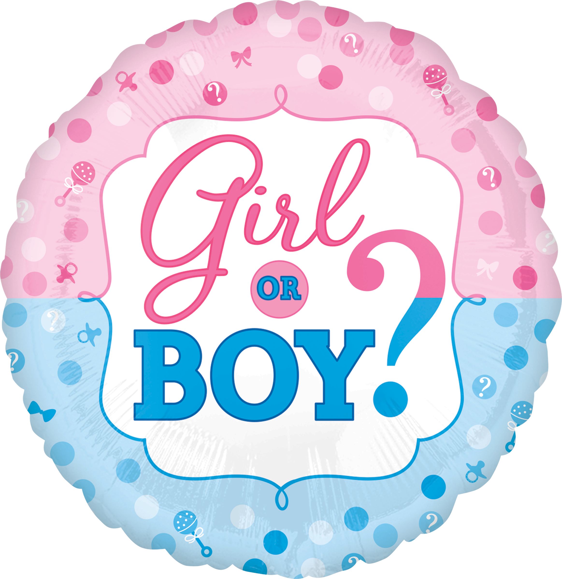 Girl or Boy? Ballon en aluminium satiné rond, bleu/rose, à pois, 18 po, gonflement à l'hélium et ruban inclus, pour dévoilement du sexe Front_Flat