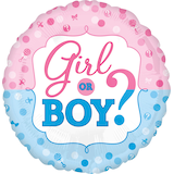 Girl or Boy? Ballon en aluminium satiné rond, bleu/rose, à pois, 18 po, gonflement à l'hélium et ruban inclus, pour dévoilement du sexe Front_Flat