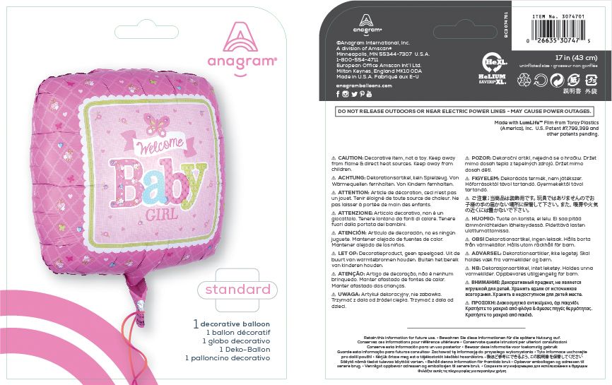 Ballon en aluminium satiné carré Welcome Baby Girl, rose, 17 po, gonflement à l'hélium et ruban inclus, pour fête prénatale Composite_or_Mixed