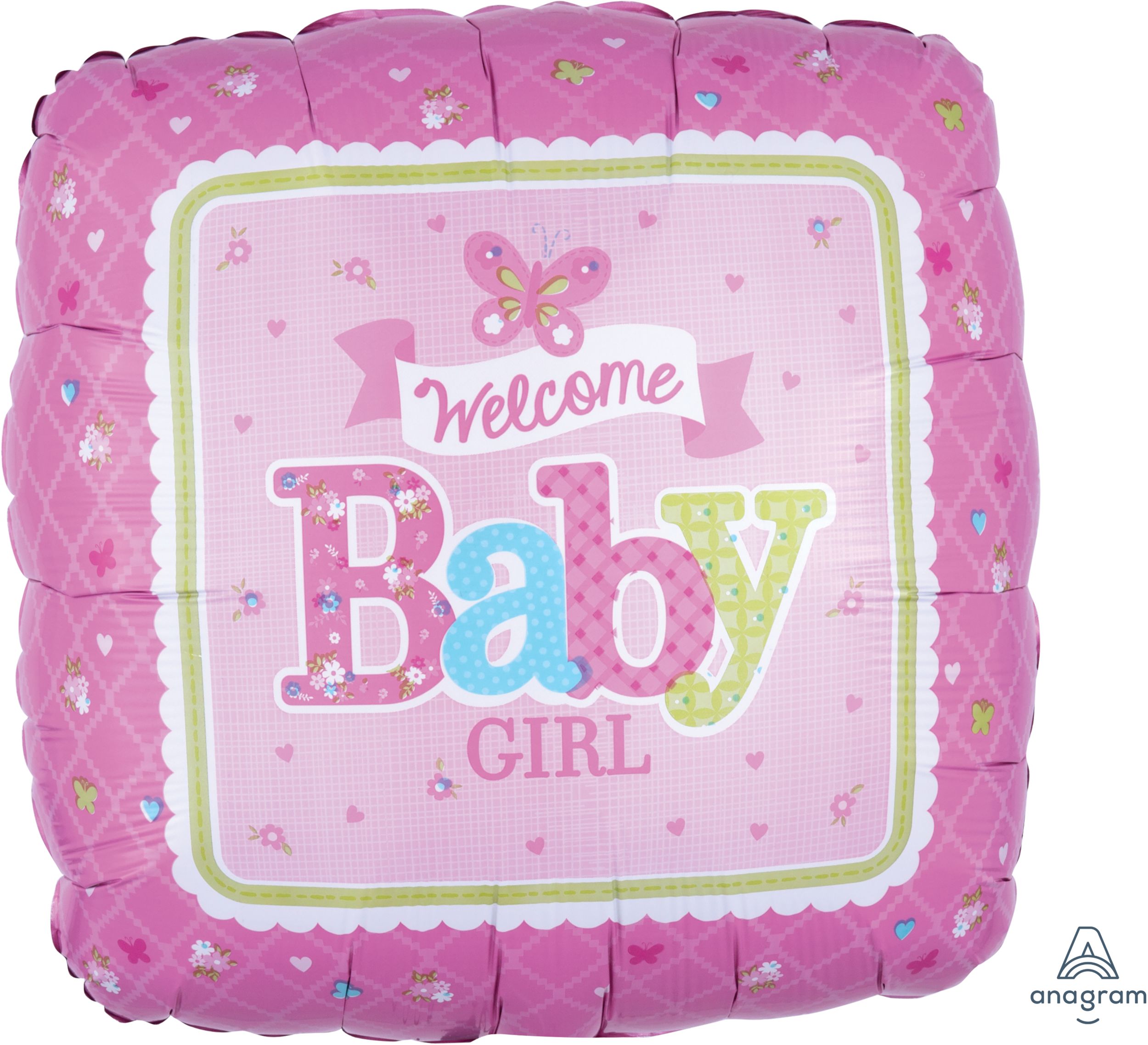 Ballon en aluminium satiné carré Welcome Baby Girl, rose, 17 po, gonflement à l'hélium et ruban inclus, pour fête prénatale Front_Flat