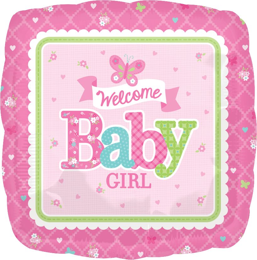 Ballon en aluminium satiné carré Welcome Baby Girl, rose, 17 po, gonflement à l'hélium et ruban inclus, pour fête prénatale Front_Flat