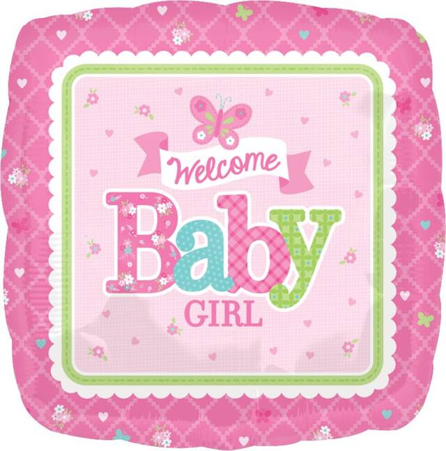 Ballon en aluminium satiné carré Welcome Baby Girl, rose, 17 po, gonflement à l'hélium et ruban inclus, pour fête prénatale Front_Flat
