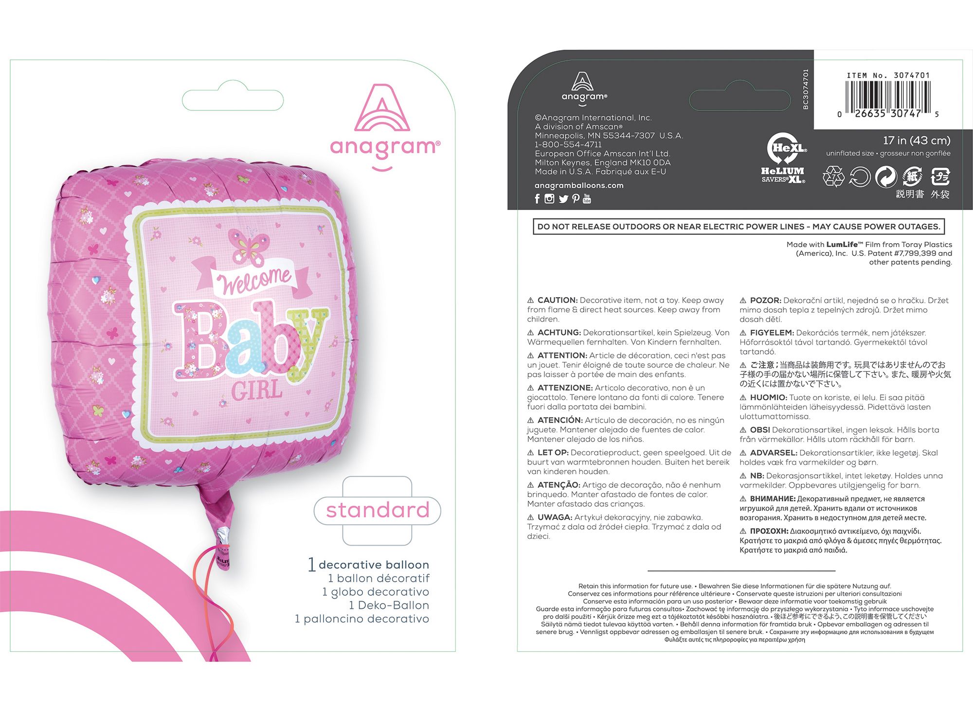 Ballon en aluminium satiné carré Welcome Baby Girl, rose, 17 po, gonflement à l'hélium et ruban inclus, pour fête prénatale Composite_or_Mixed