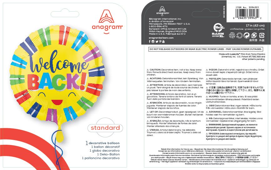 Ballon en aluminium satiné soleil Welcome Back, jaune, 17 po, ruban et gonflage hélium compris Composite_or_Mixed