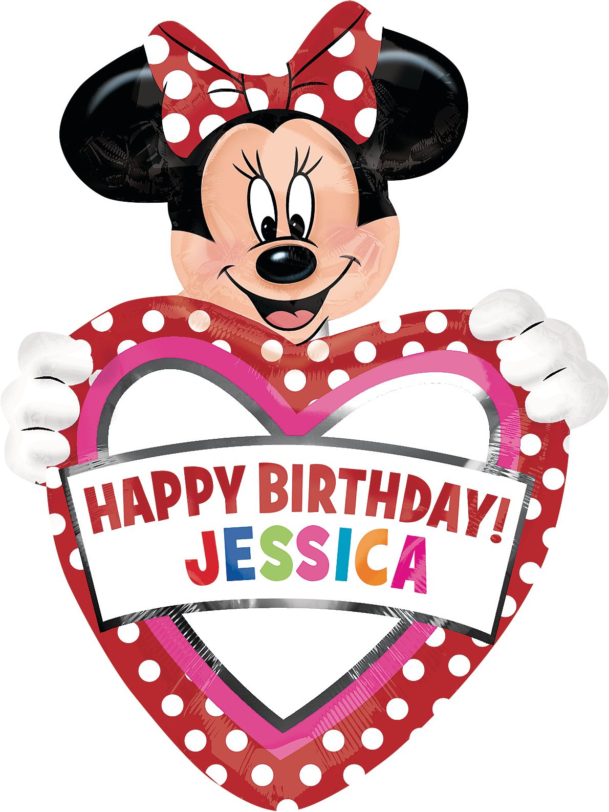 Ballon en aluminium satiné personnalisé coeur Disney Minnie Mouse Happy Birthday, rose/noir, 33 po, gonflement à l'hélium et ruban inclus, pour fête d'anniversaire Front_Flat