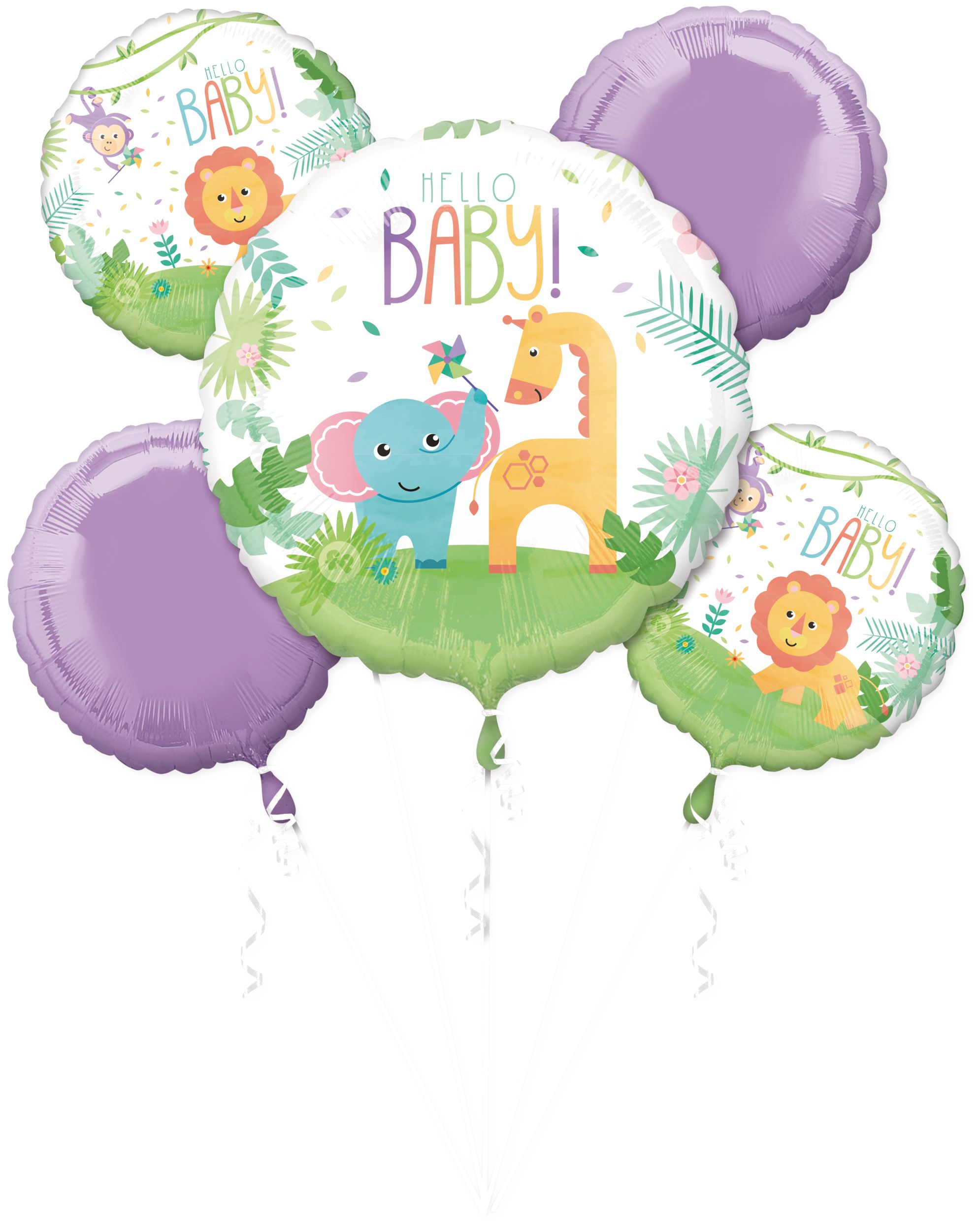 Bouquet de ballona en aluminium satiné rond bébé jungle Hello Baby, mauve/vert, paq. 5, gonflement à l'hélium et ruban inclus, pour fête prénatale Front_Flat