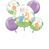 Jungle Baby "Hello Baby" Round Satin Foil Balloon Bouquet, Purple/Green, 5-pk, Helium Inflation & Ribbon Included for Baby Shower Front_Flat