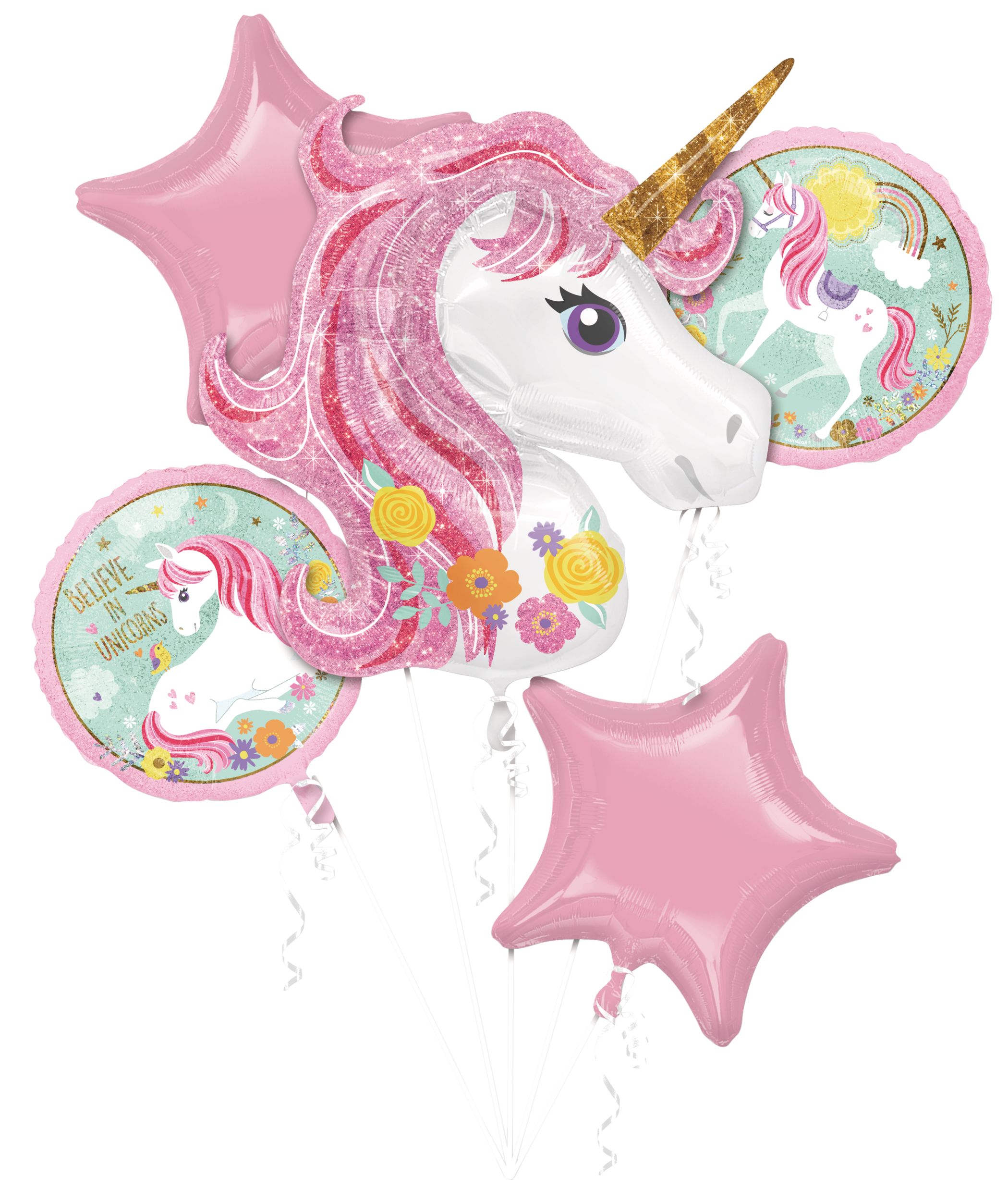Anagram Int'l Inc. Unicorn "Believe in Unicorns" Star/Round Satin Foil Balloon Bouquet, Pink/White, 5-pk, Helium Inflation & Ribbon Included Front_Flat