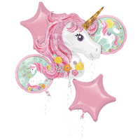 Bouquets de ballons en aluminium satiné étoile/rond licorne Believe in Unicorns, rose/blanc, paq. 5, gonflement à l'hélium et ruban inclus, pour fête d'anniversaire