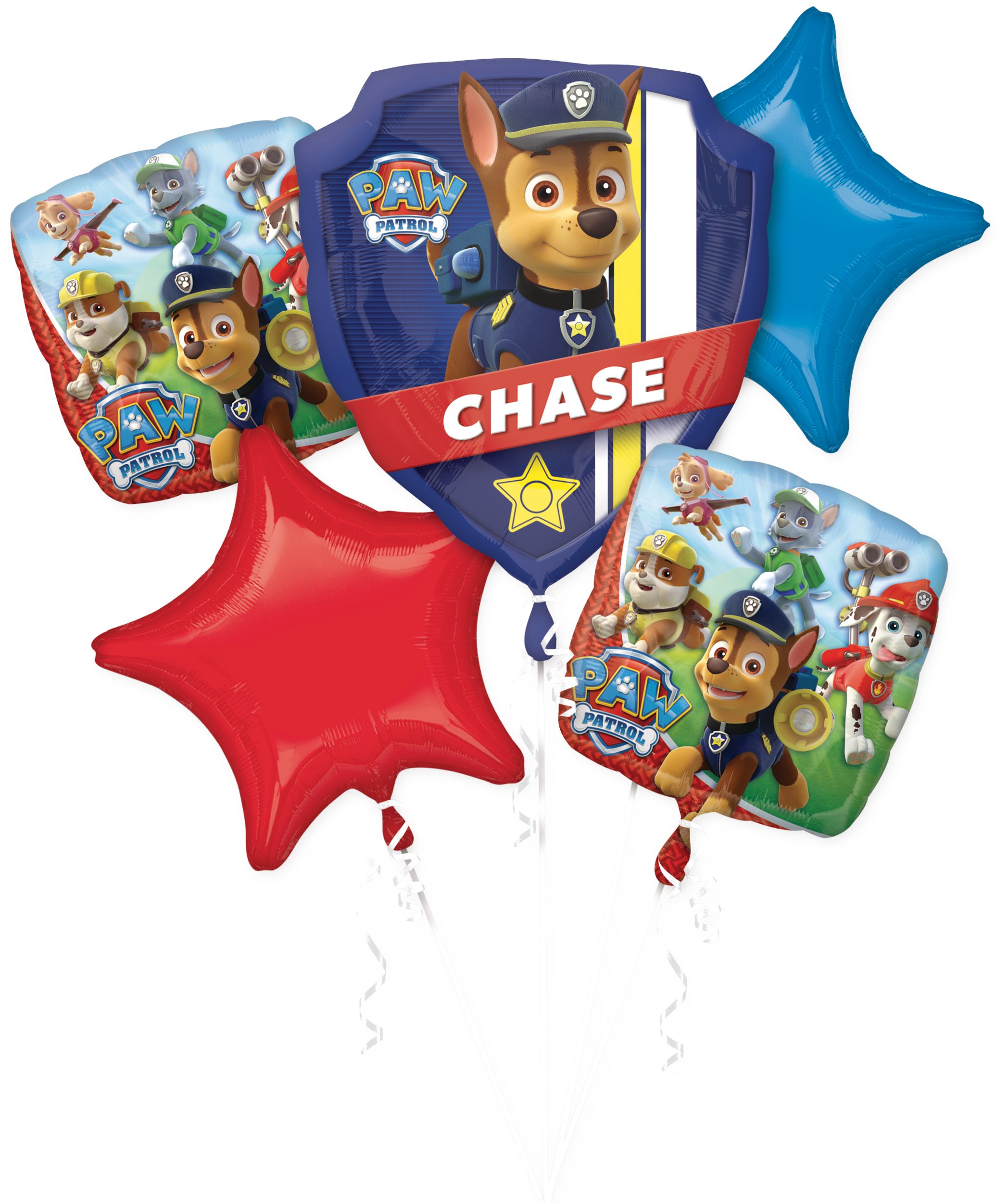 Bouquets de ballons en aluminium satiné écusson/étoile/carré Nichelodeon Pat'Patrouille Chase, bleu/rouge, paq. 5, gonflement à l'hélium et ruban inclus, pour fête d'anniversaire Front_Flat