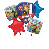 Nickelodeon PAW Patrol Chase Badge/Star/Square Satin Foil Balloon Bouquet, Blue/Red, 5-pk, Helium Inflation & Ribbon Included for Birthday Party Front_Flat