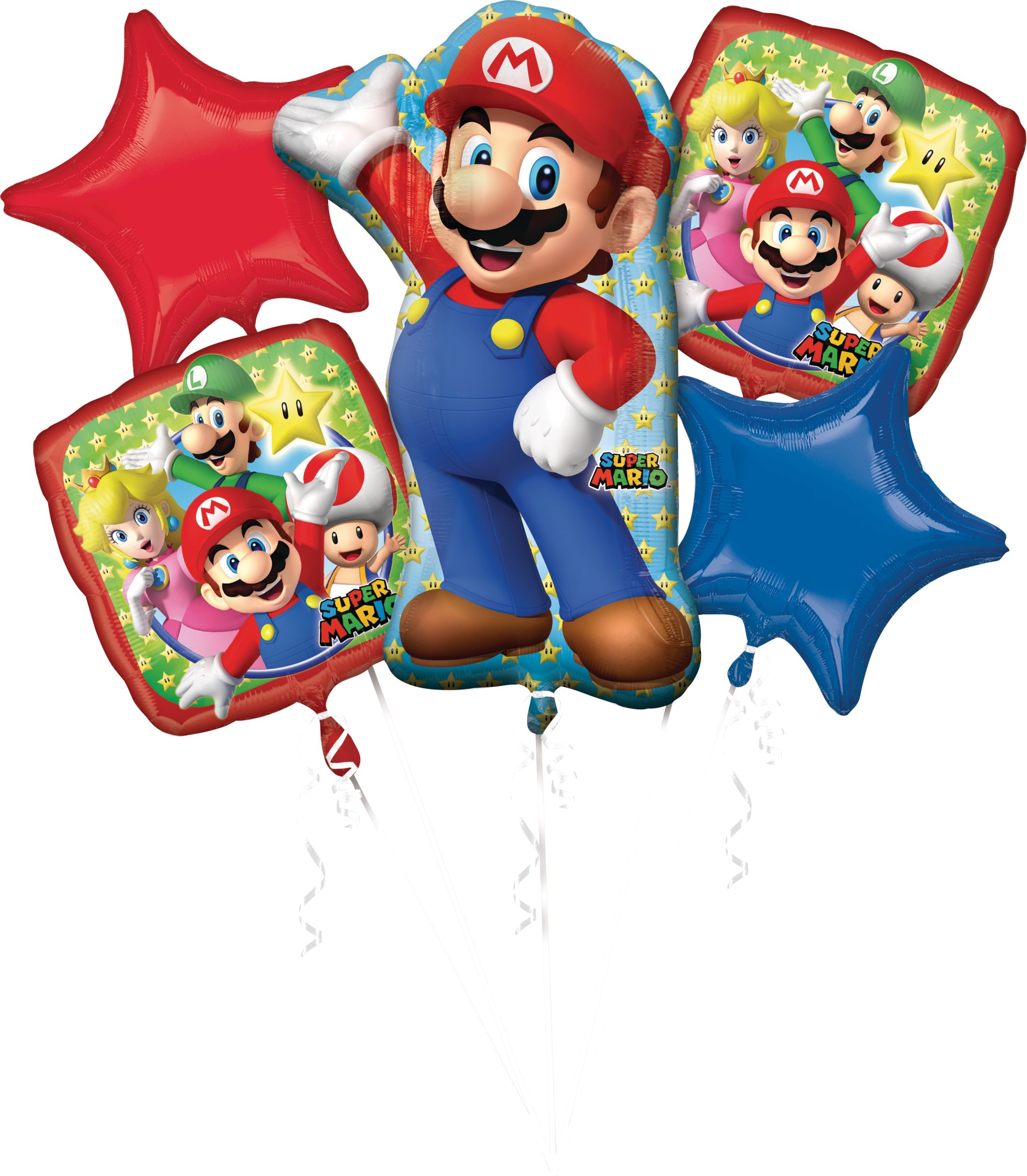 Super Mario Bros Satin Foil Balloon Bouquet, Blue/Red, 5-pk, Helium Inflation & Ribbon Included for Birthday Party Front_Flat
