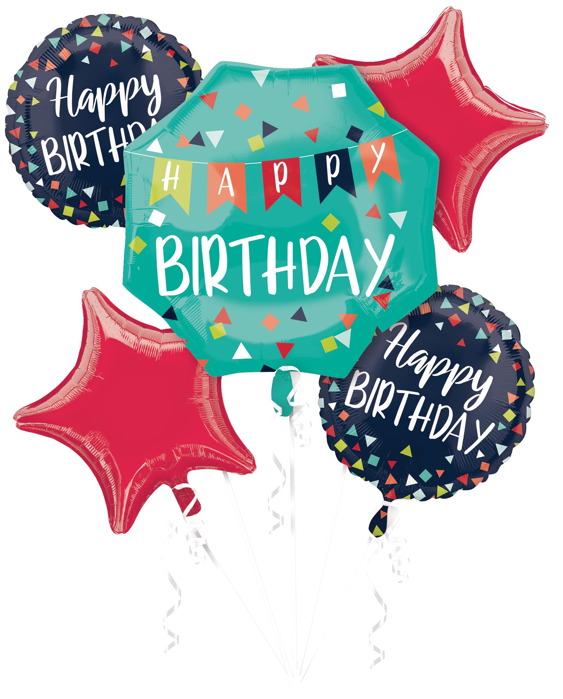 Bouquet de ballons en aluminium satiné étoile/rond Une raison de célébrer Happy Birthday, rouge, 5 po, ruban et gonflage hélium, pour fête d'anniversaire Front_Flat