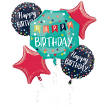 Anagram Int'l Inc. A Reason to Celebrate "Happy Birthday" Star/Round Satin Foil Balloon Bouquet, Blue/Red, 5-pk, Helium Inflation & Ribbon Included for Birthday Party Front_Flat