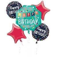 Bouquet de ballons en aluminium satiné étoile/rond Une raison de célébrer Happy Birthday, rouge, 5 po, ruban et gonflage hélium, pour fête d'anniversaire