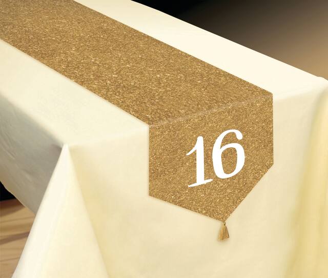 "16" Plastic Reusable Table Runner Decoration, Gold, 6-ft, for Birthday Party Front_Angled_Right