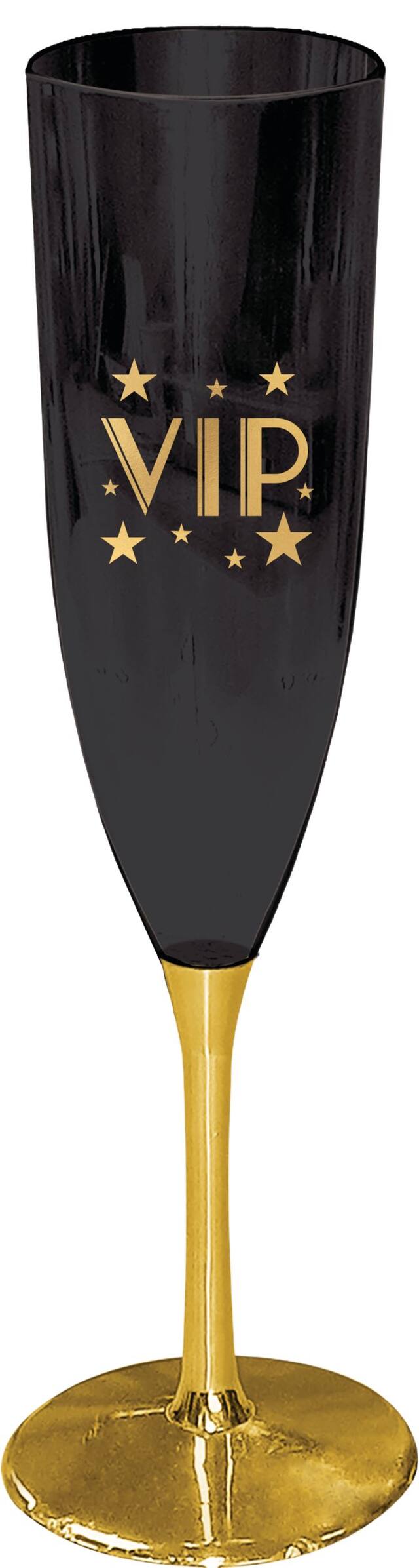Awards Night "VIP" Plastic Reusable Champagne Flutes, Black/Gold, 5-oz, 4-pk, for Oscar/Movie Night/Graduation Front_Elevated