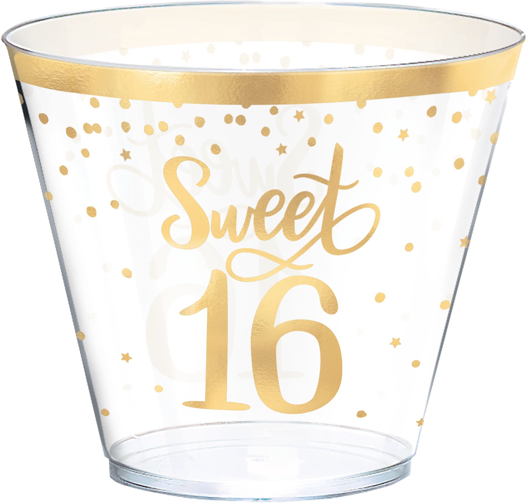 "Sweet 16" Plastic Reusable Tumbler Cups, Clear/Gold, 16-oz, 30-pk, for Birthday Party Front_Elevated