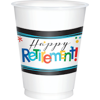 "Happy Retirement" Plastic Reusable Cups, White/Multi-Coloured, 16-oz, 25-pk, for Retirement Party Front_Elevated