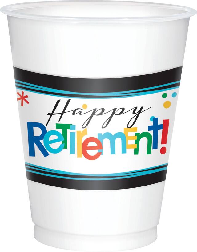 "Happy Retirement" Plastic Reusable Cups, White/Multi-Coloured, 16-oz, 25-pk, for Retirement Party Front_Elevated