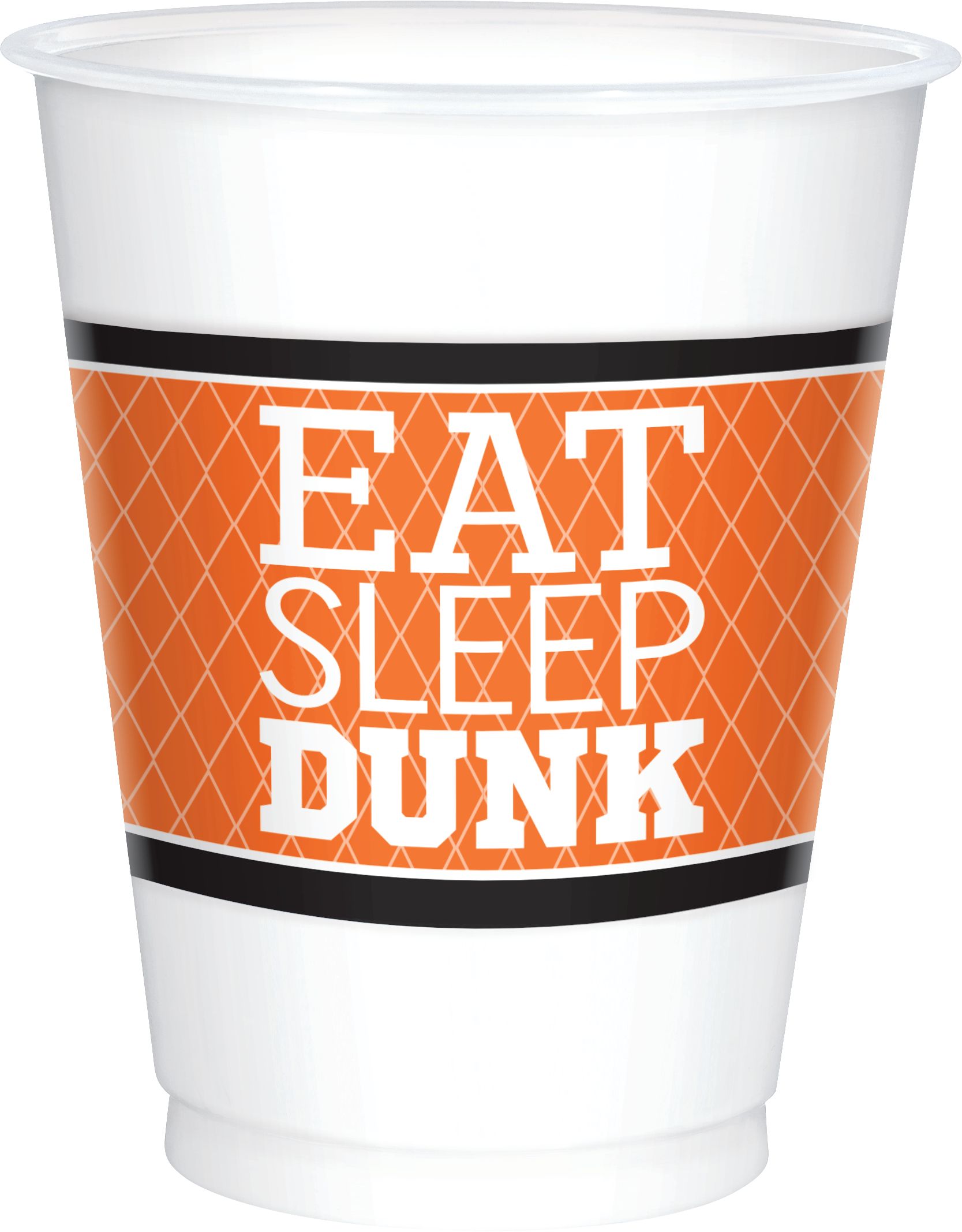 Basketball "Eat Sleep Dunk" Plastic Reusable Cups, White/Orange, 16-oz, 8-pk, for Sports Party Front_Elevated