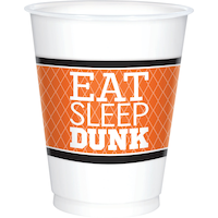 Basketball "Eat Sleep Dunk" Plastic Reusable Cups, White/Orange, 16-oz, 8-pk, for Sports Party Front_Elevated