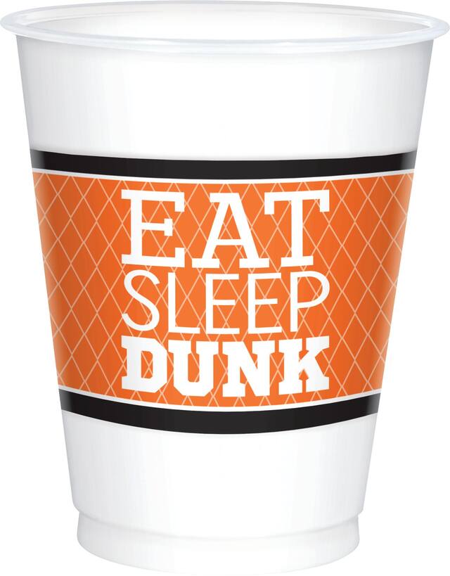 Basketball "Eat Sleep Dunk" Plastic Reusable Cups, White/Orange, 16-oz, 8-pk, for Sports Party Front_Elevated