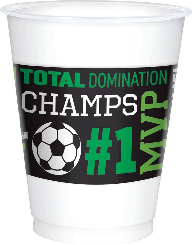 Soccer Plastic Reusable Cups, White/Green, 16-oz, 8-pk, for Sports Party Front_Elevated