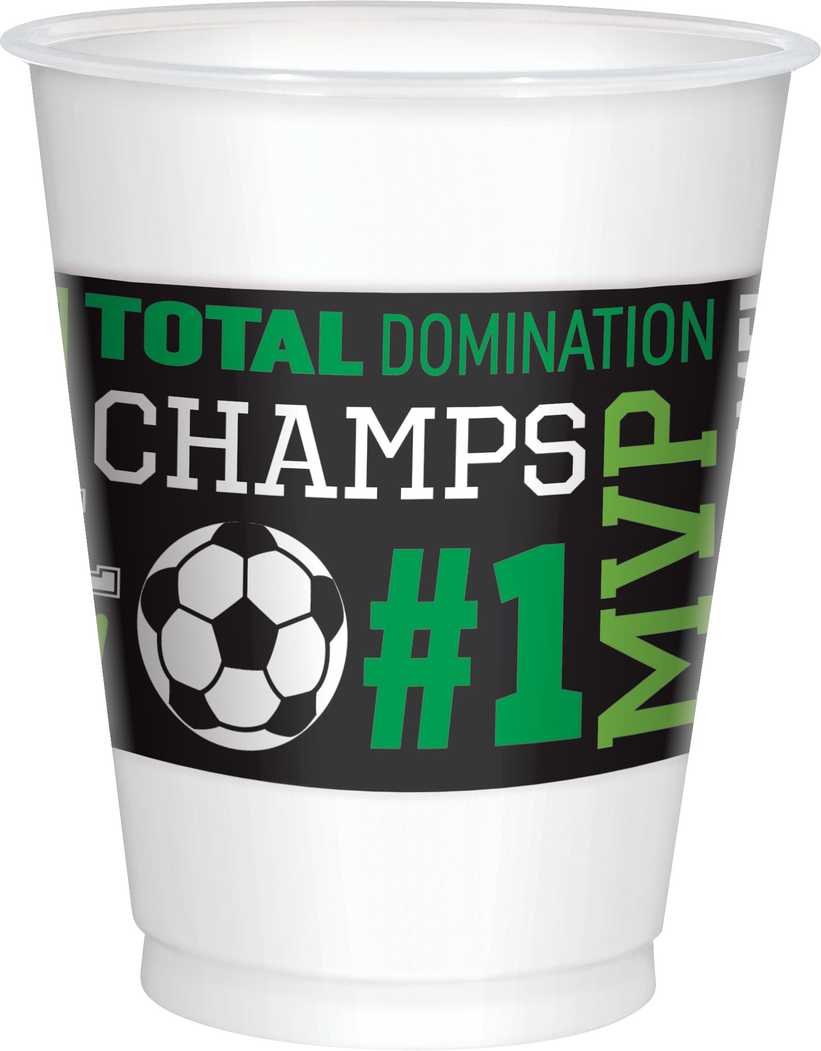 Soccer Plastic Reusable Cups, White/Green, 16-oz, 8-pk, for Sports Party Front_Elevated