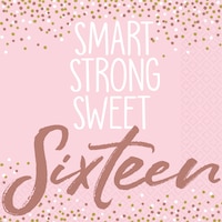 "Smart Strong Sweet Sixteen" Square Paper Disposable Beverage Napkins, Pink/Rose Gold, 5-in, 16-pk, 2-ply, for Birthday Party Overhead_Flat
