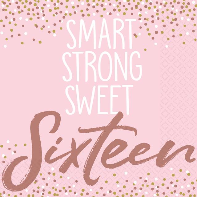 "Smart Strong Sweet Sixteen" Square Paper Disposable Beverage Napkins, Pink/Rose Gold, 5-in, 16-pk, 2-ply, for Birthday Party Overhead_Flat