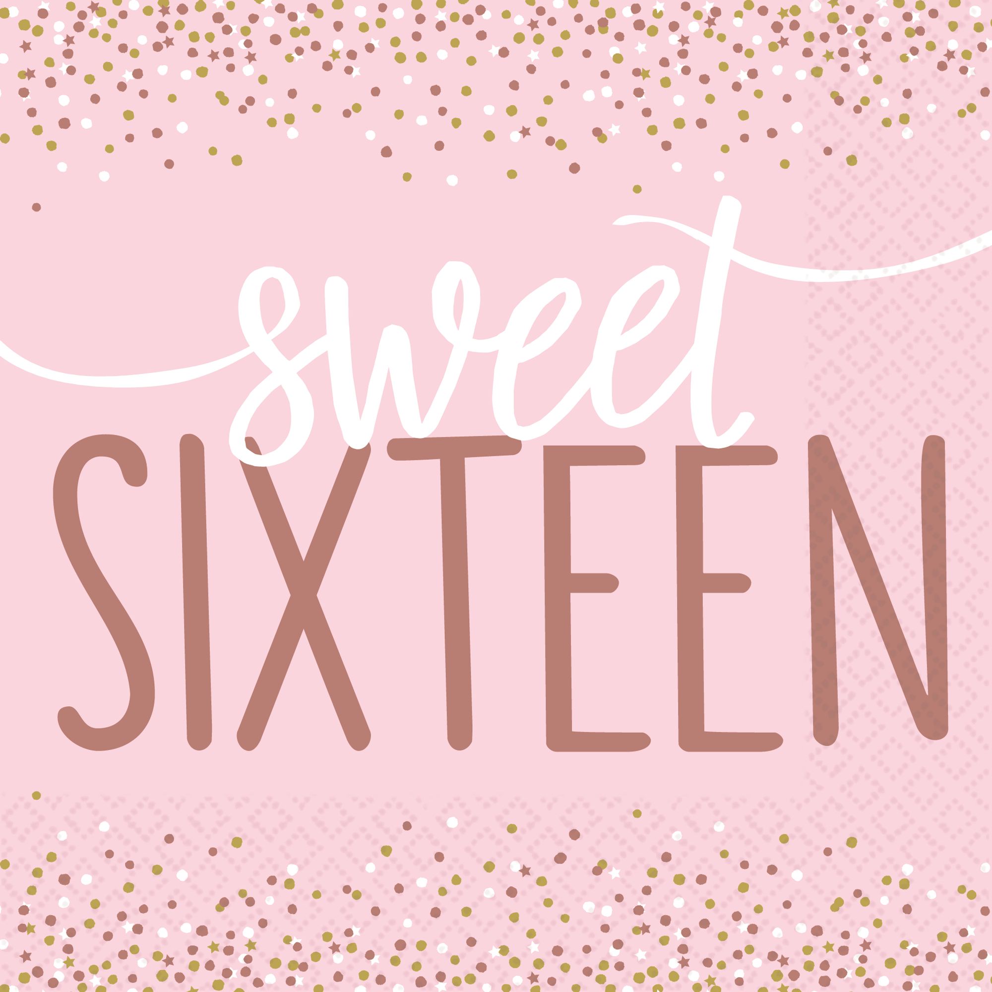 "Sweet Sixteen" Square Paper Disposable Lunch Napkins, Rose Gold/Pink, 6.5-in, 16-pk, 2-ply, for Birthday Party Overhead_Flat