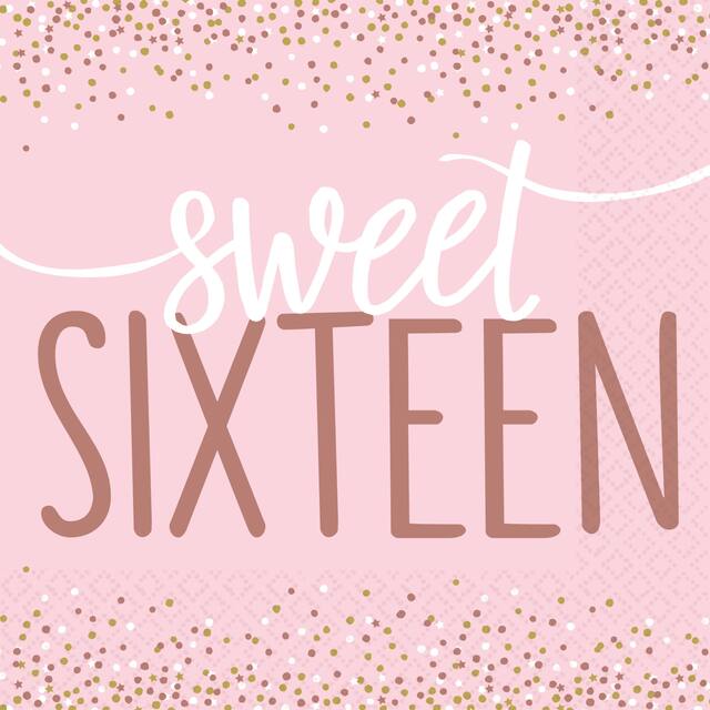 "Sweet Sixteen" Square Paper Disposable Lunch Napkins, Rose Gold/Pink, 6.5-in, 16-pk, 2-ply, for Birthday Party Overhead_Flat