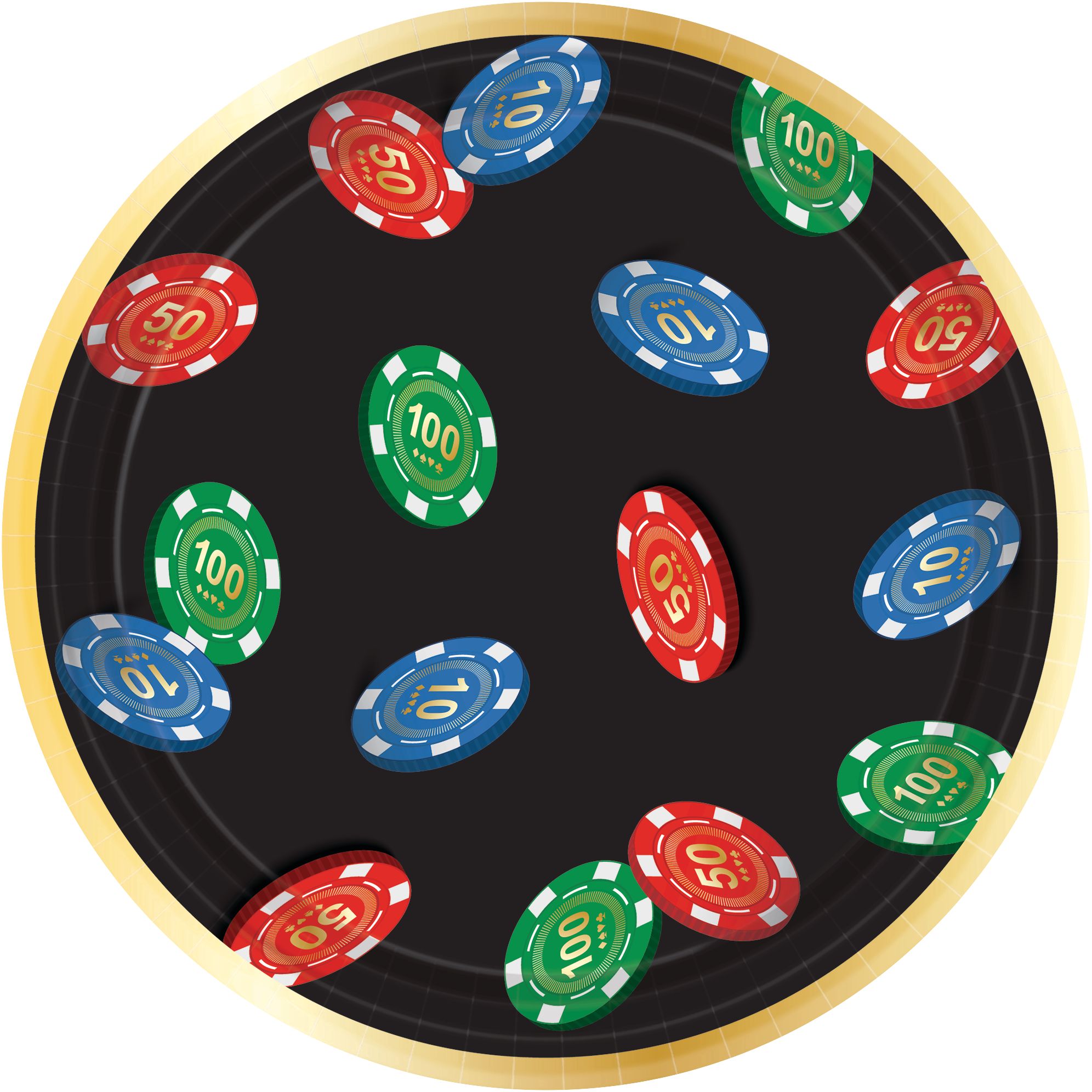 Roll the Dice Casino Round Paper Disposable Dessert Plates, Black, 7-in, 8-pk, for Game Night/Vegas/Birthday Party Overhead_Flat