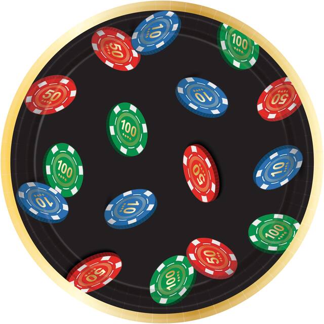 Roll the Dice Casino Round Paper Disposable Dessert Plates, Black, 7-in, 8-pk, for Game Night/Vegas/Birthday Party Overhead_Flat