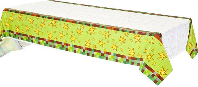 Pixel Party Rectangle Plastic Reusable Table Cover, Green, Star, 54x96-in, for Birthday Party Front_Angled_Left