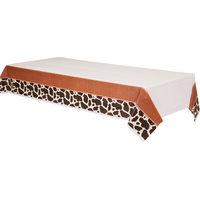 Western Rectangle Plastic Reusable Table Cover, Brown/White, Cow Print, 54x96-in, for Cowboy & Western Party Front_Three_Fourths_Angled_Left