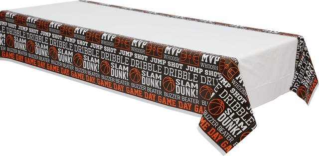 Basketball "Slam Dunk" Rectangle Plastic Reusable Table Cover, Black/Orange, 54x96-in, for Sports Party Front_Three_Fourths_Angled_Left