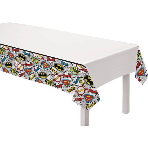 DC Justice League "Boom! Zap! Pow!" Rectangle Plastic Reusable Table Cover, Multi-Coloured, 54x96-in, for Birthday Party