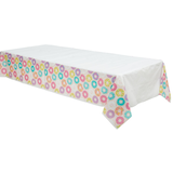 Rectangle Plastic Reusable Table Cover, White/Multi-Coloured, Donut, 54x96-in, for Birthday Party Front_Angled_Left