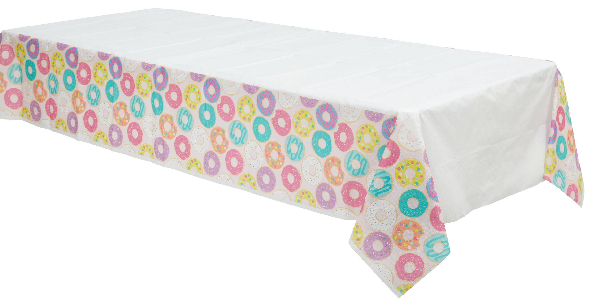 Rectangle Plastic Reusable Table Cover, White/Multi-Coloured, Donut, 54x96-in, for Birthday Party Front_Angled_Left