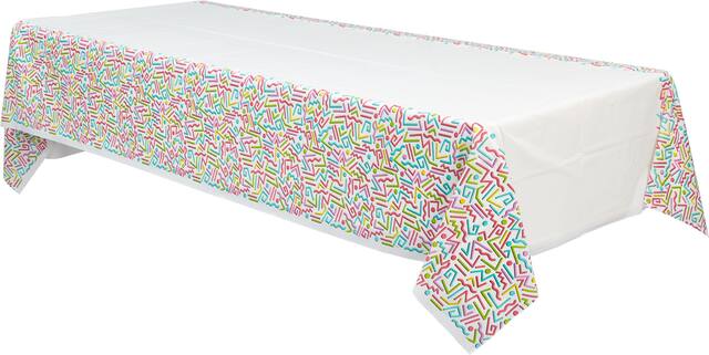 Awesome 80s Rectangle Plastic Reusable Table Cover, White/Multi-Coloured, 54x102-in, for Halloween/Birthday Party Front_Angled_Left