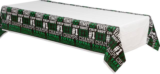 Soccer "Game Time" Rectangle Plastic Reusable Table Cover, Black/Green, 54x84-in, for Sports Party Front_Angled_Left