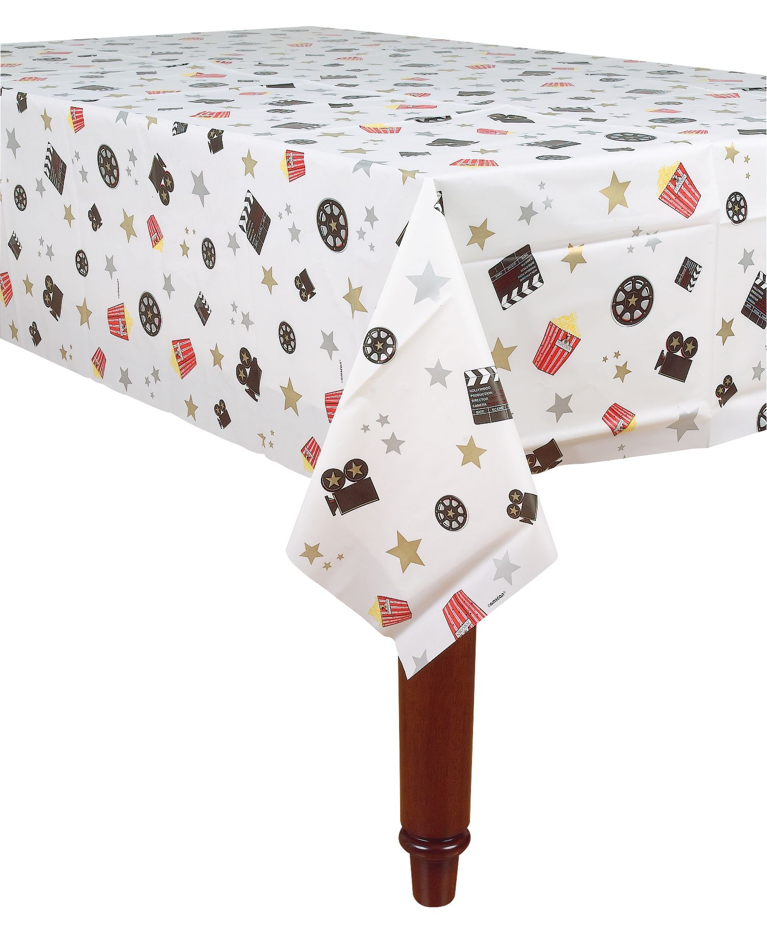 Awards Night Rectangle Plastic Reusable Table Cover, White/Black, 54x84-in, for Oscar/Movie Night/Graduation CloseUp