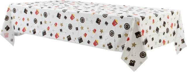 Awards Night Rectangle Plastic Reusable Table Cover, White/Black, 54x84-in, for Oscar/Movie Night/Graduation Front_Angled_Left