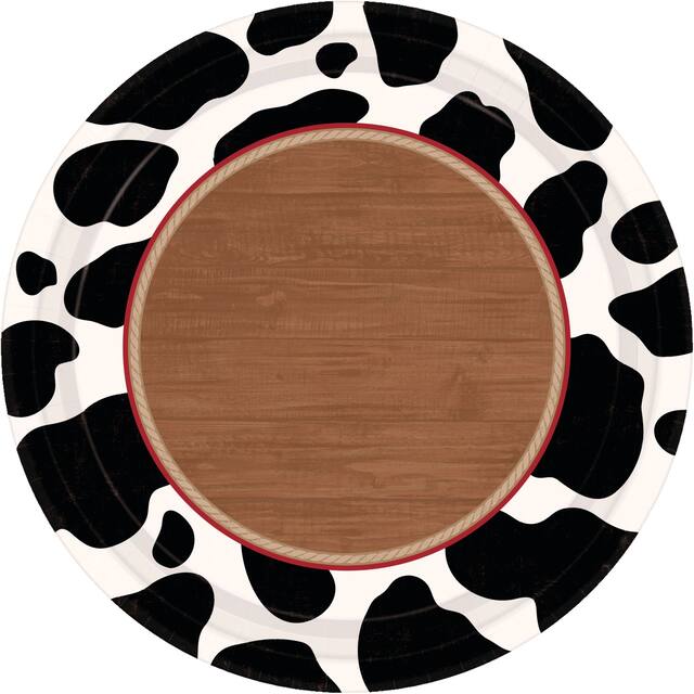 Western Round Paper Disposable Dinner Plates, Brown/Black/White, Cow Print, 10.5-in, 8-pk, for Cowboy & Western Party Overhead_Flat