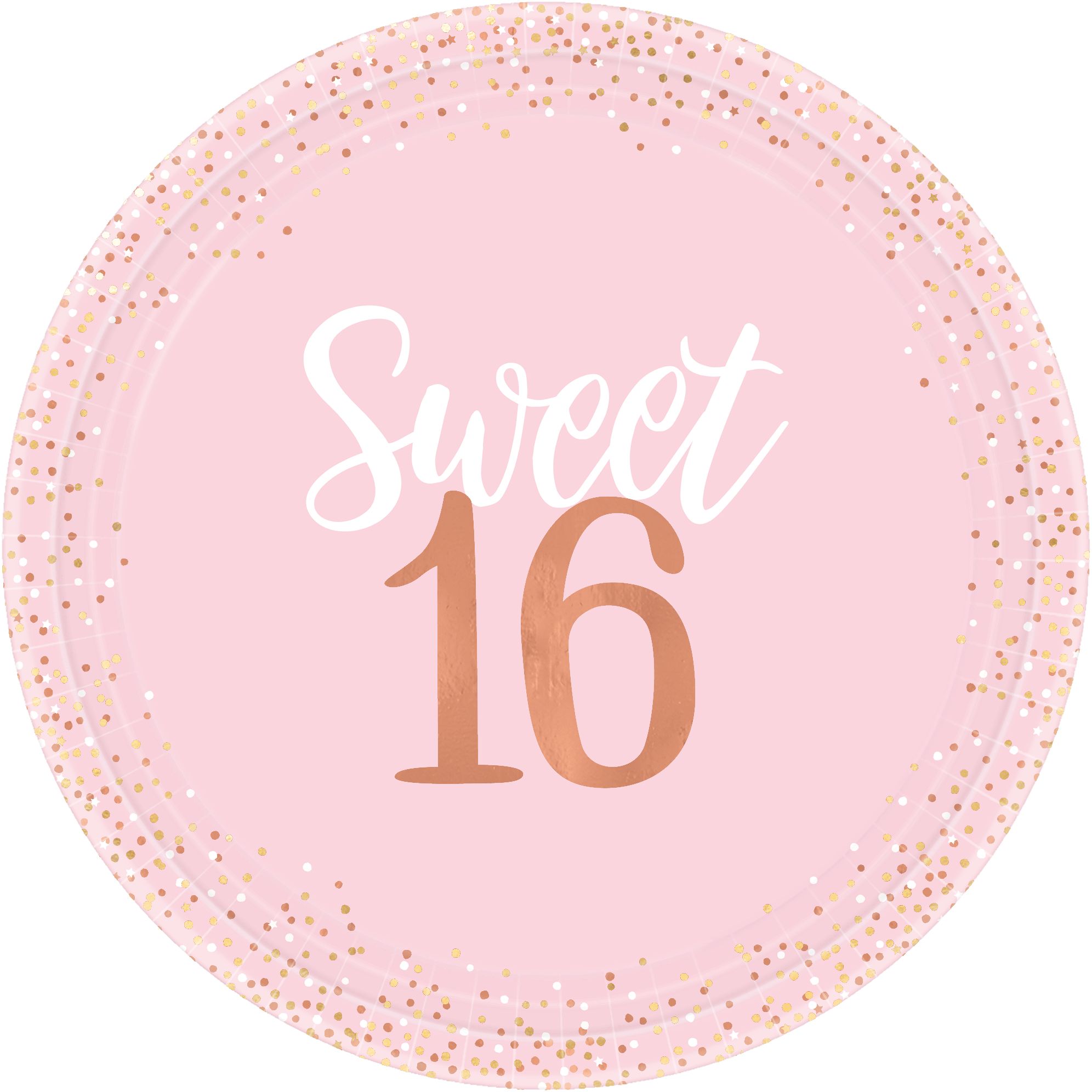 "Sweet 16" Round Paper Disposable Dinner Plates, Pink, 10.5-in, 8-pk, for Birthday Party Overhead_Flat