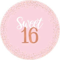 "Sweet 16" Round Paper Disposable Dinner Plates, Pink, 10.5-in, 8-pk, for Birthday Party Overhead_Flat